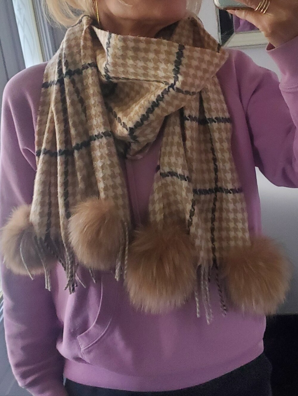 Cashmink houndstooth Plaid Scarf With Real Fox Fur Pompoms Made In Germany